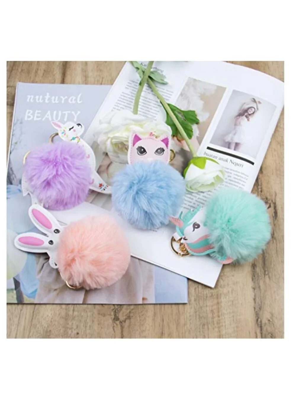 6 Pack Cute Animal Pom Pom Keychains Faux Fur Fluffy Key Rings for Women Girls